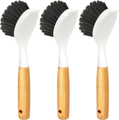 Holikme 3 Pack Dish Brush Set with Bamboo Handle, Kitchen Brushes for Cleaning Pot, Sink and Stove, Skillet Scrubber with Tough Bristles for Cast Iron Grill Pan, White Yellow Black