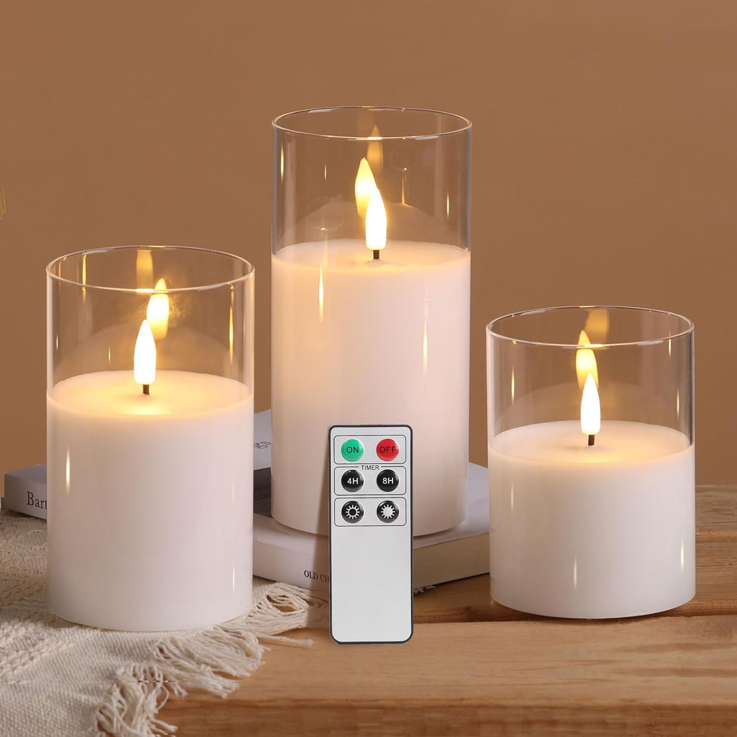 Eywamage Gold Glass Flameless Pillar Candles with Remote, Flickering Christmas LED Candles Battery Operated Set of 3