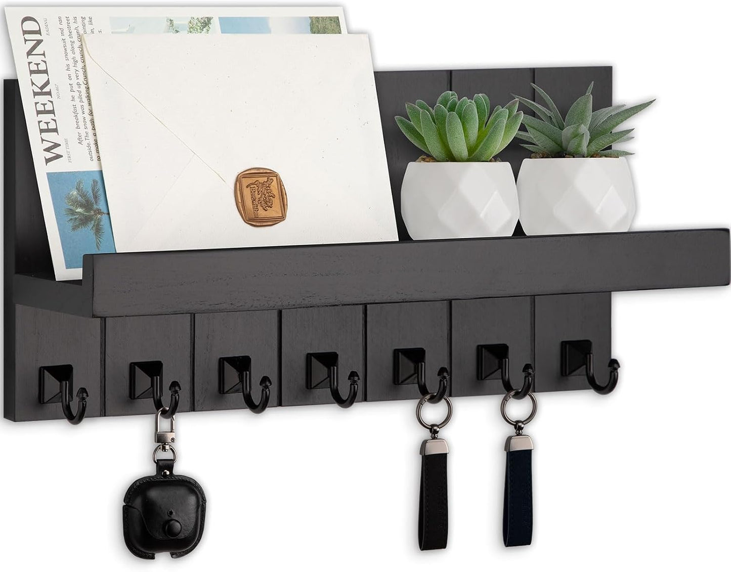 Key Holder for Wall, Decorative Key Holder with Shelf, Key and Mail Holder Wall Mount, Farmhouse Decor with 5 Key Hooks for Keys, Coats, ect.