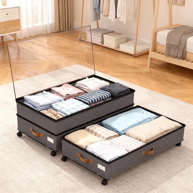 Under Bed Storage with Wheels 2-Pack, 75L XXL Under the Bed Storage Containers Large, 12" Tall Adjustable Storage for Underbed with Lids, Rolling for Clothes, Shoes, Blankets (Black)