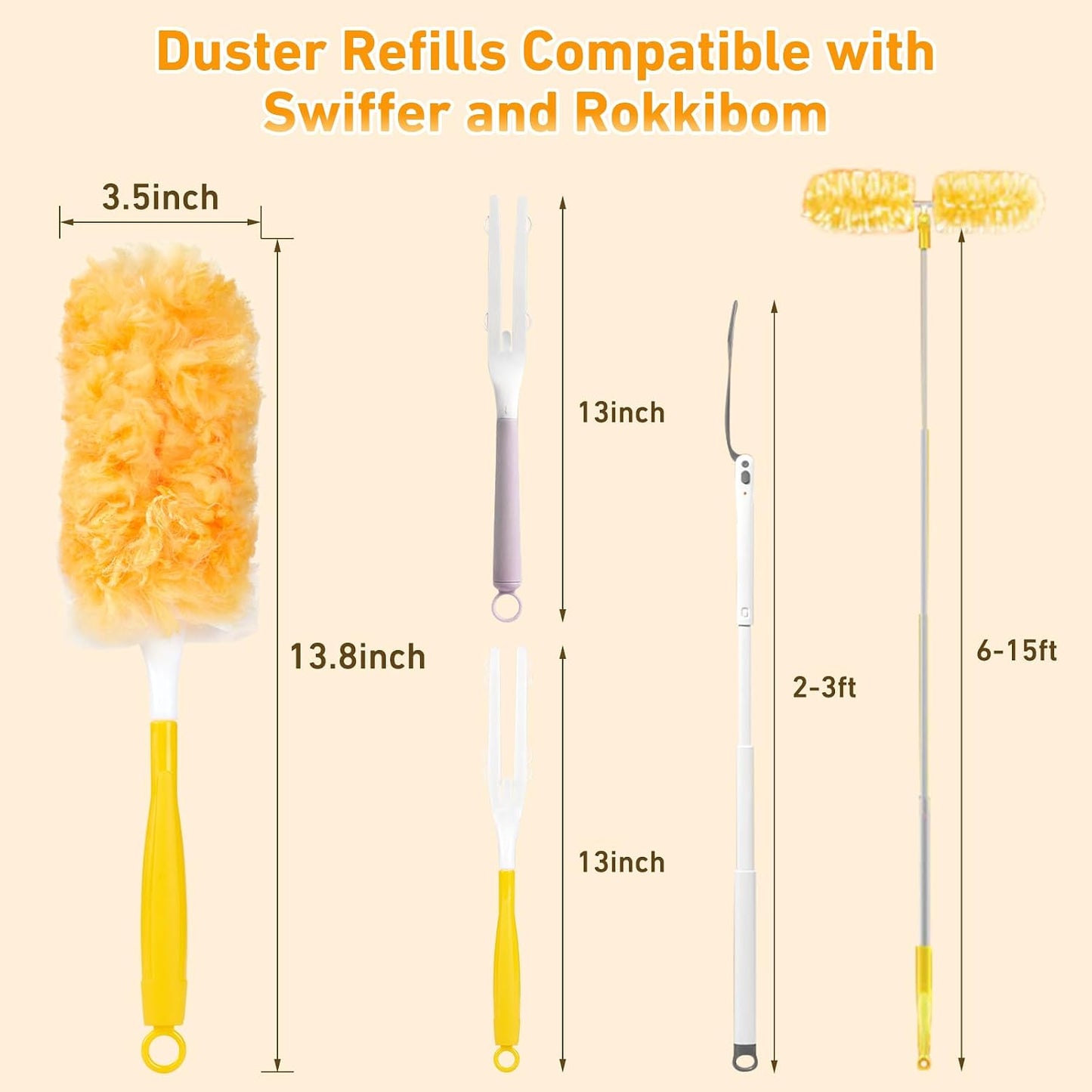 6 ft Heavy Duty Extendable Duster Handle with 50 Refills for Swiffer Duster, 360° Multi-Surface Dusters with 4X Cleaning Power for Home, Ceiling Fans, Windows, Dusting Hard-to-Reach Areas (Orange)