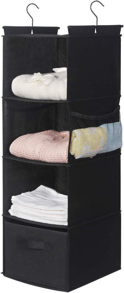 MAX Houser 4-Shelf Hanging Closet Organizer, Space Saver, Cloth Hanging Shelves with 2 Side Pockets, Foldable (Beige)