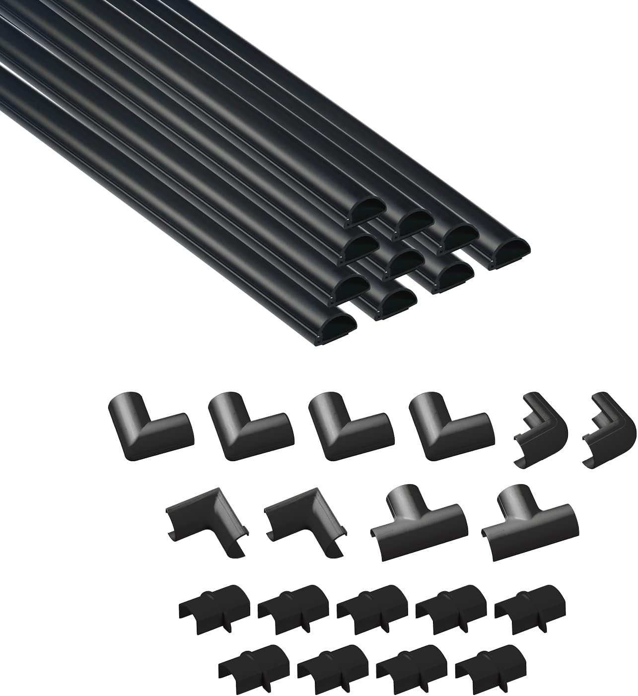 D-Line 157in Cord Cover Kit, Self-Adhesive Wire Hiders, Cable Raceway to Hide Wires on Wall, Electrical Cable Management - 10x 15.7 Lengths & 19 Accessories - 1.18" (W) x 0.59" (H) - Black