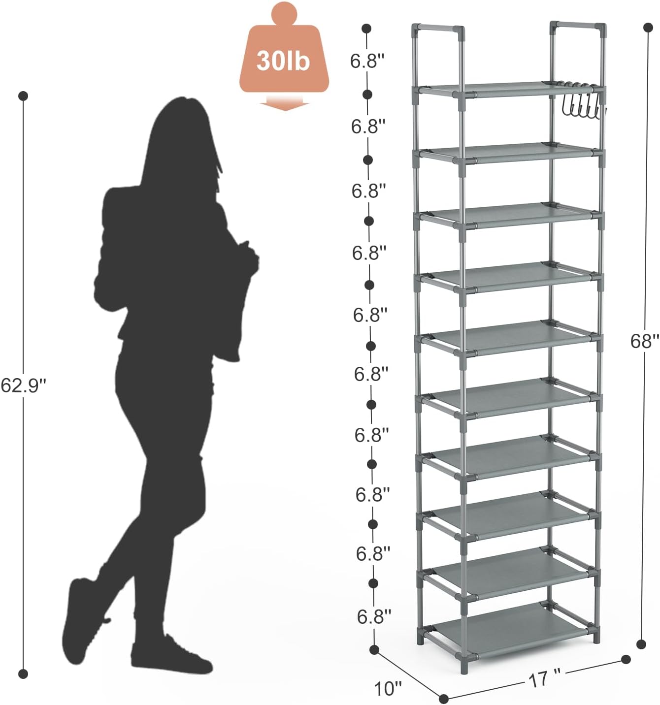 LANTEFUL 10 Tiers Tall Shoe Rack 20-25 Pairs Boots Organizer Storage Sturdy Narrow Shoe Shelf for Entryway, Closets with Hooks, Black