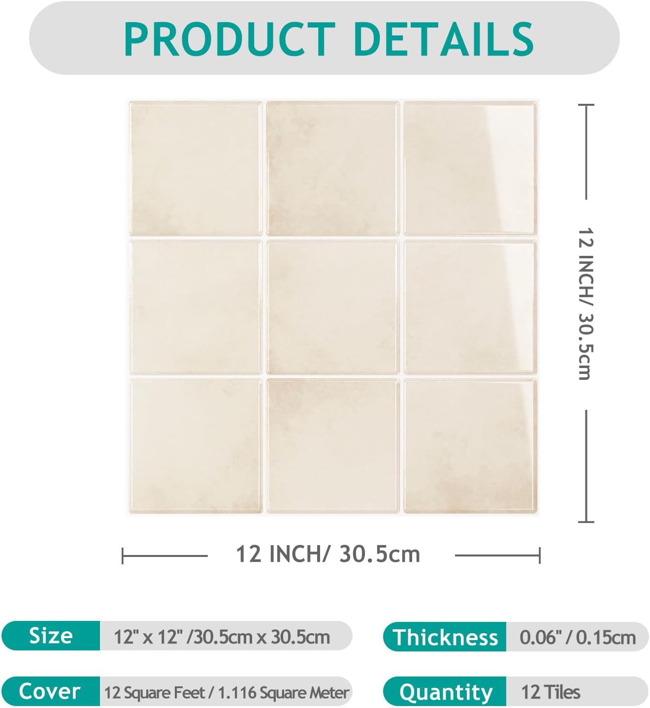 VEELIKE Cream Beige Peel and Stick Backsplash for Kitchen Square Peel and Stick Tile Backsplash 6 Sheets Self Adhesive Back Splash Tiles for Bathroom Waterproof Ceramic Wall Tile Stickers 12''x12''