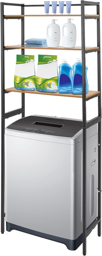 Bathroom Storage Shelf, Over the Washer and Dryer Storage Shelf, 3-tier Bathroom Rack for Washing Machine, Bathroom Storage and Organizer Rack for Hanging Towels and Drying Clothes (Black, Oak)