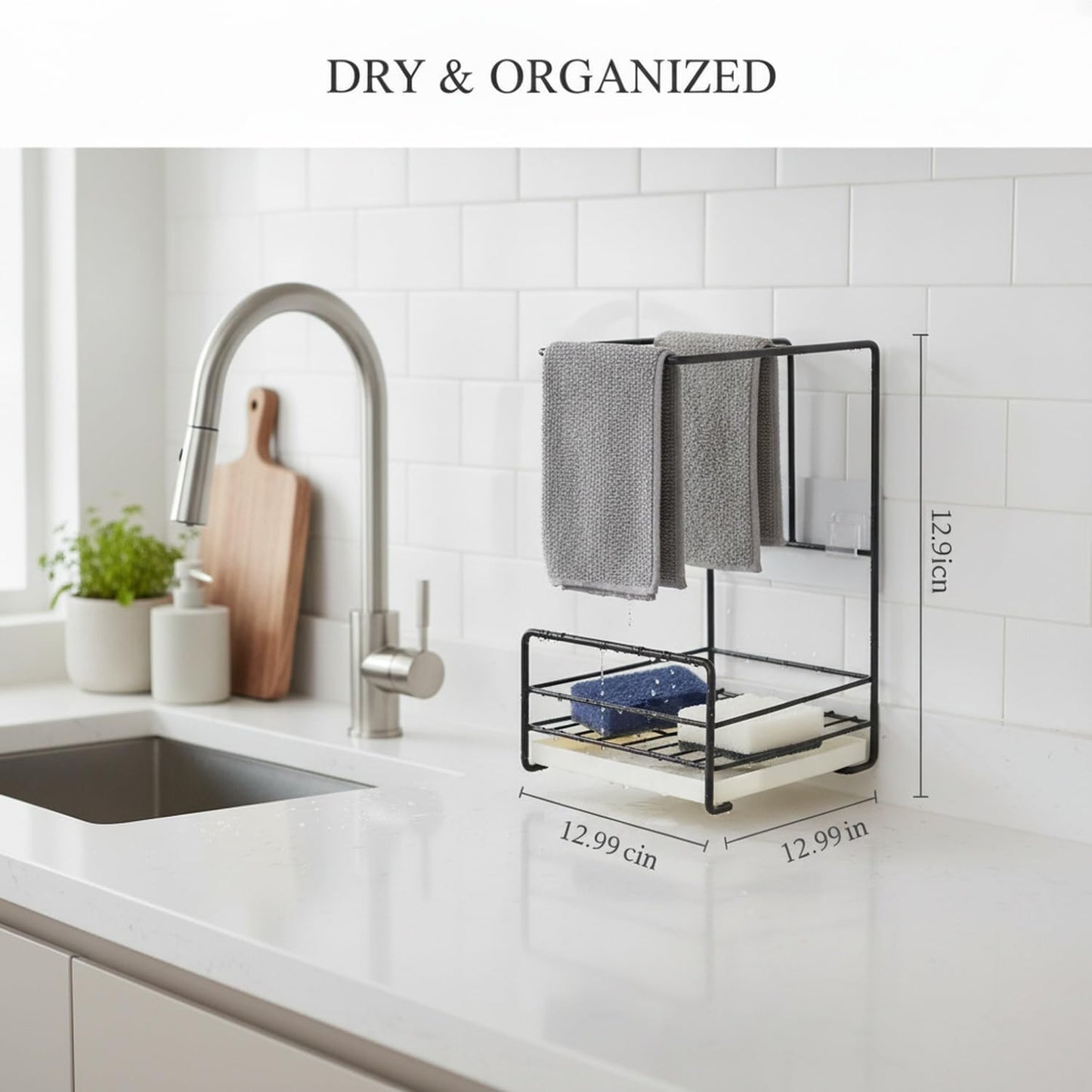 Wall-Mounted Kitchen Rag Rack, Carbon Steel Sponge & Cloth Holder for Sink Side Organization, Space-Saving Drying Rack (Black/White)