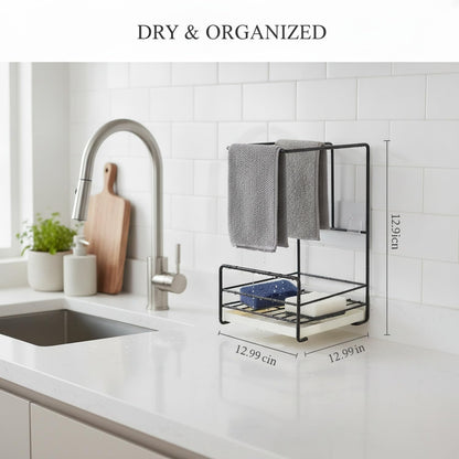 Wall-Mounted Kitchen Rag Rack, Carbon Steel Sponge & Cloth Holder for Sink Side Organization, Space-Saving Drying Rack (Black/White)