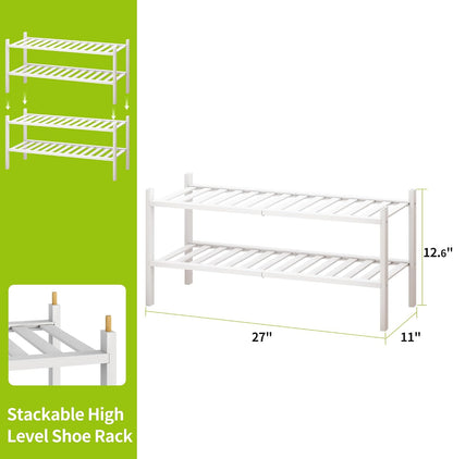 BMOSU 2-Tier Bamboo Small Shoe Rack Premium Stackable Shoe Shelf Storage Organizer for Hallway Closet Living Room Entryway Organizer (Black Bamboo)