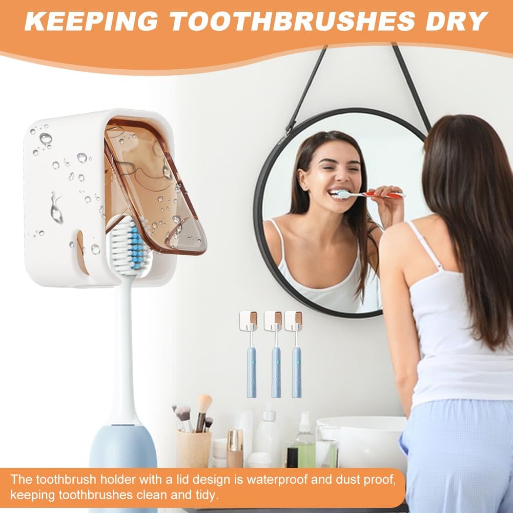 3PCS Toothbrush Holder Wall Mounted with Cover,Single Slot Electric Tooth Brushing Holder,Self Adhesive Hanging Toothbrush Organizer for Bathroom,Family,Travel(4.4 * 3 * 2.6cm,Color:Brown)