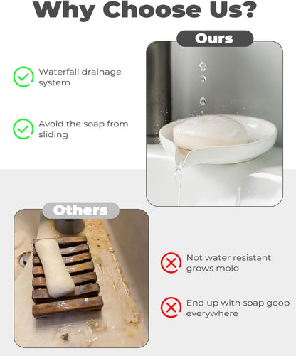 Self Draining Soap Dish, Ceramic Drain Soap Holder Waterfall Design Soap Saver for Shower, Bathroom, Sink, Kitchen and Countertop, Keeps Dry, Green