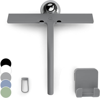 GÜTEWERK Silicone Shower Squeegee for Glass Doors & Mirrors with Stainless Steel Core, Streak-Free & No-Squeak Window Cleaning, 3-in-1 No-Drill Mount (Hook/Suction/Adhesive),White, 9 Inches