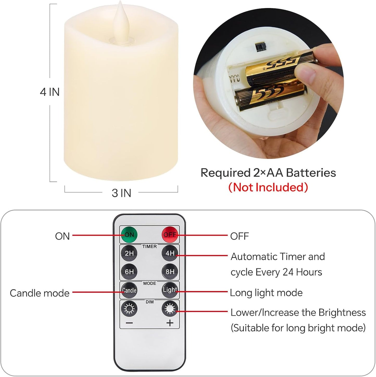 3x4 Flickering Flameless Candles Set of 3,Real Wax Pillar LED Candles,with Timer,4 inch Flameless Candles with Remote,for Party Wedding Holiday Home Decor,Ivory