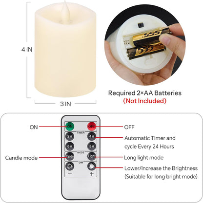 3x4 Flickering Flameless Candles Set of 3,Real Wax Pillar LED Candles,with Timer,4 inch Flameless Candles with Remote,for Party Wedding Holiday Home Decor,Ivory