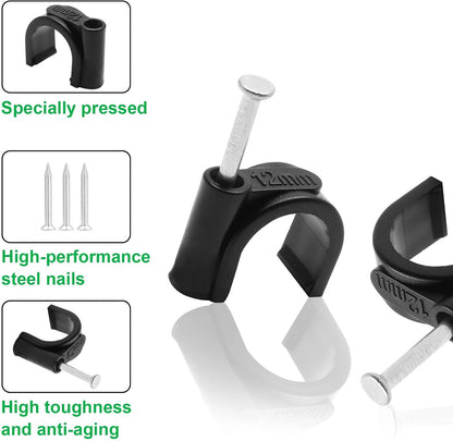 Flat Ethernet Cable Wire Clips with Nail, 14mm, White | Single Coaxial Cable Clamps, Cable Management