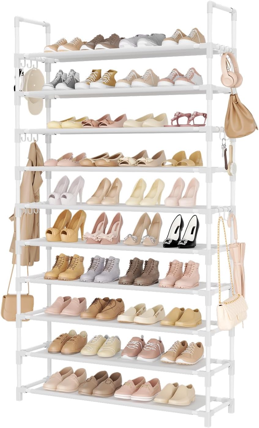 LANTEFUL 10 Tiers Tall Shoe Rack 20-25 Pairs Boots Organizer Storage Sturdy Narrow Shoe Shelf for Entryway, Closets with Hooks, Black