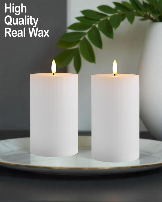 Gmnee 3"x4" White Ribbed Flameless Candles - Remote Control & Timer, Set of 3 Large Real Wax Pillar Flickering Battery LED Candles for Table, Fireplace and Mantel Decor