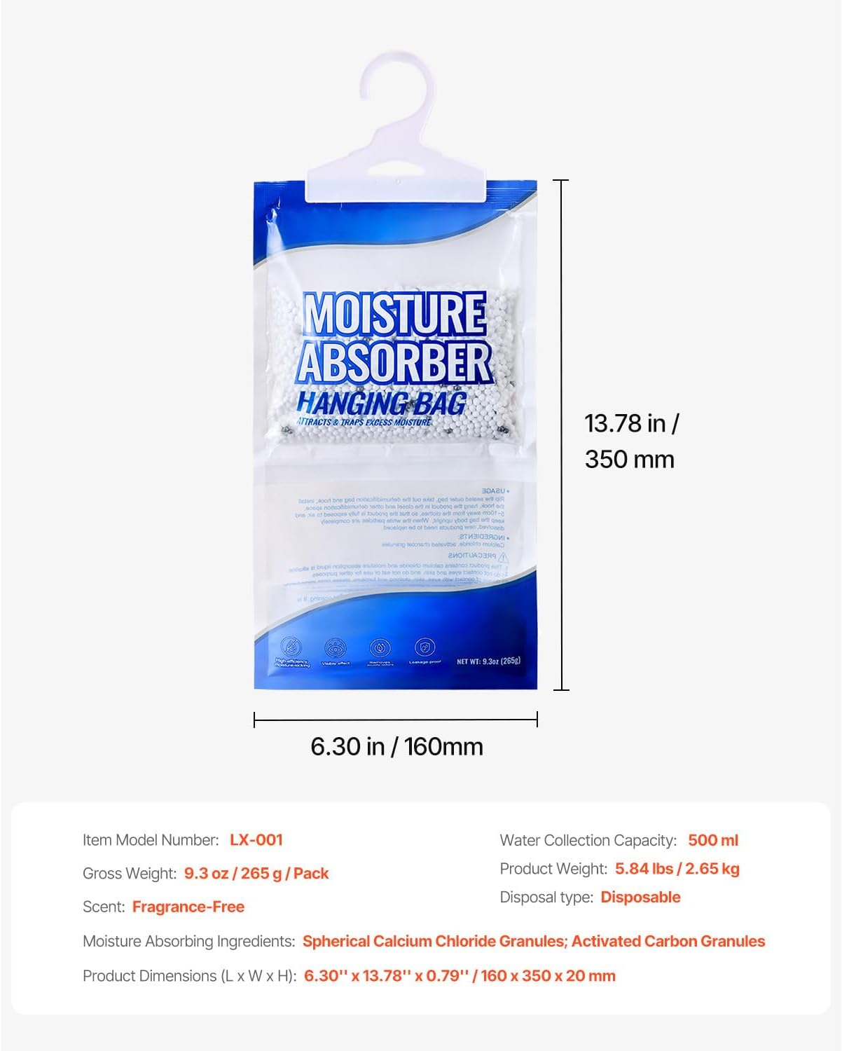 Happybuy Hanging Moisture Absorber, 9.3 oz (10 Packs), Fragrance-Free Bags for Wardrobes, Bedrooms & Bathrooms