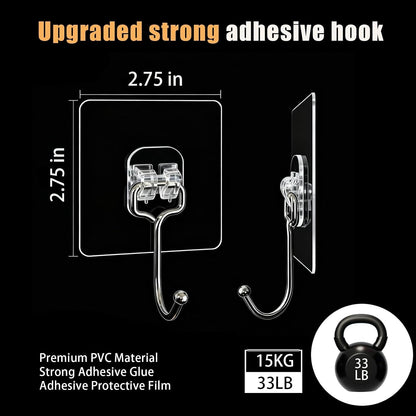 10-Pack Heavy Duty Adhesive Hooks, 33lb Max Load Transparent Sticky Hooks, Waterproof Traceless Wall Hooks for Kitchenware, Keys, Robe, Towel, Utensils & More