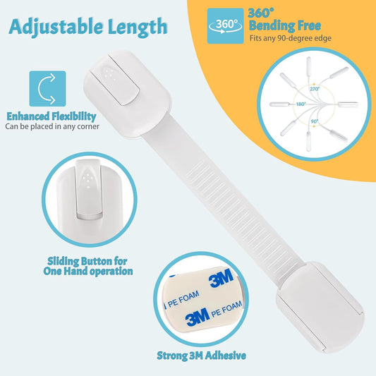 Safety Locks 6-Pack - Fridge & Cabinet Locks for Kids, 3M Adhesive, No Drilling, No Magnets, Adjustable 4.17-7.91in, Multi-Purpose for Kitchen, Dining, Bedroom, and Living Room