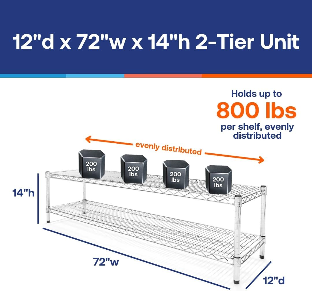 Shelving Inc. 12" d x 30" w Chrome Wire Shelving with 2 Tier Shelves, Weight Capacity 800lbs Per Shelf