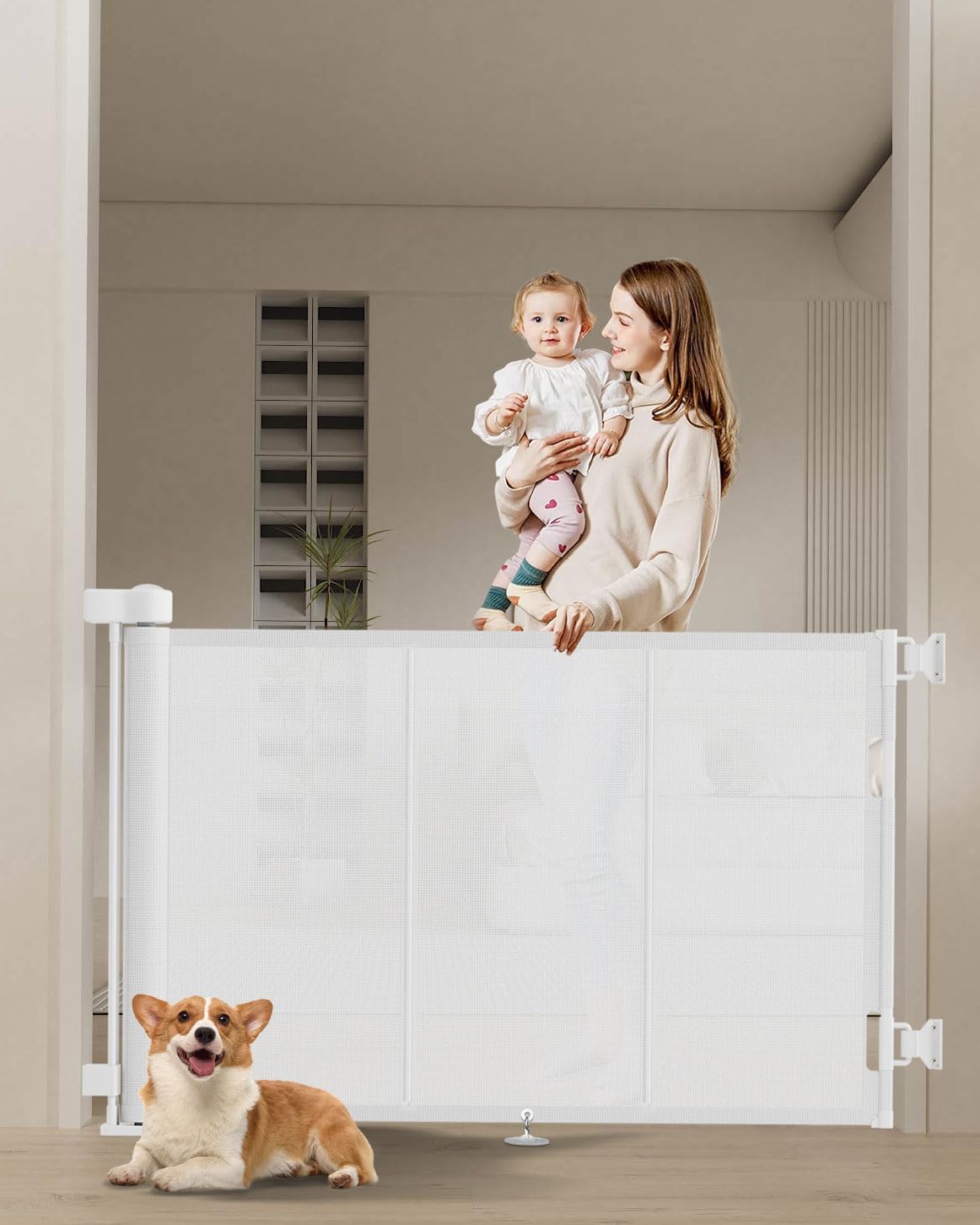 Miumoon 50 inch Retractable Baby Gates 34 inch Tall, Retractable Gate with Reinforced Strip Design to Prevent Crawling Through, Retractable Dog Gate for Stairs, Doorways, Hallways