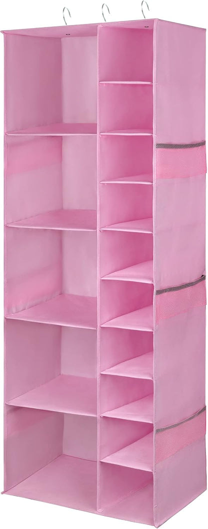 Libeder Shoe Organizer for Closet, 15 Shelf Hanging Closet Storage Shelves - 10 Shoe Rack Organizer and 5 Compartment for Clothes with 6 Side Mesh Pockets for Scarves Socks,Gloves, Grey