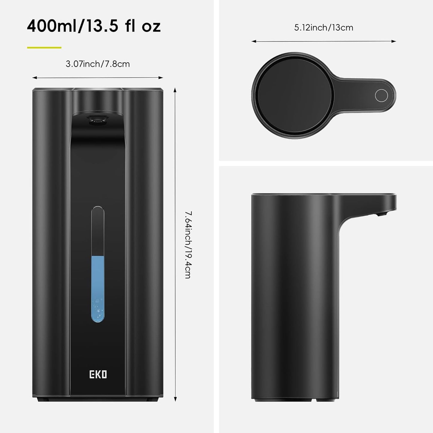 EKO Aroma 9 fl oz Automatic Liquid Soap Dispenser, Rechargeable & Water-Resistant Soap Dispenser for Kitchen and Bathroom with Adjustable Volume Control (Matte Black Steel)