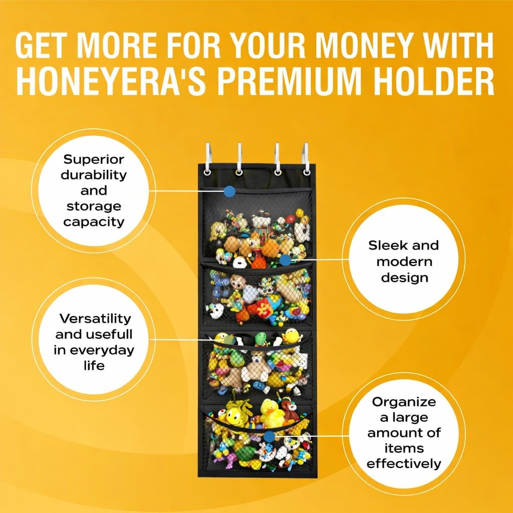 Honeyera The Original Stuffed Animal Storage (Patented) - Over Door Organizer for Stuffies, Baby Ideas Holder, Toy Plush Hammock Hanging Net Big Girls Toddler Large Bag Animals Stuffy Behind