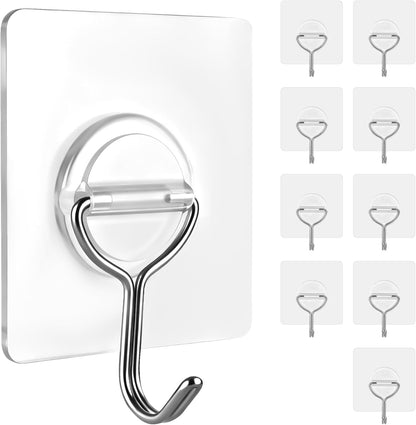 Adhesive Wall Hooks for Hanging Heavy Duty Coat - 13LBS (Max) Transparent Waterproof Hook Multiple Uses Stainless Steel Hooks for Shower Kitchen Bathroom Office Utility Hook 10 Pack