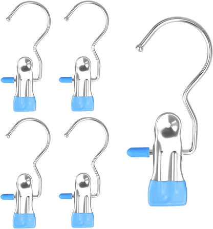 FuninCrea Laundry Hooks Clip, 5 Pcs Stainless Steel Anti-Slip Boot Laundry Hanger Clips Portable Heavy Duty Multi-Functional Single Hanging Clothes Clips for for Scarf, Gloves, Shoes, Socks (Blue)