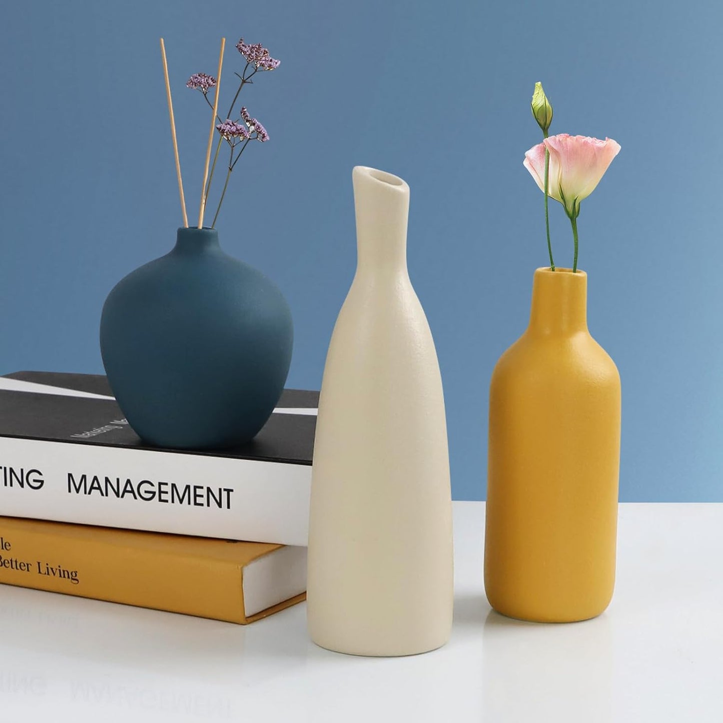 JINGIHE Ceramic Vase Set of 3, Small White Burnt Orange Blue Flower Vases, Modern Farmhouse Home Decor for Bud Pampas Grass Living Room End Coffee Table Centerpieces Mantel Christmas
