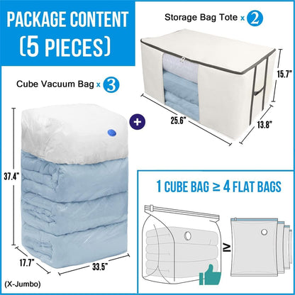 Cube Vacuum Storage Bags, Space Saver Bags, Premium Totes with Cubic Vacuum Compression Seal Bags for Clothing & Bedding. Space Saving Jumbo Organizer for Storing Clothes, Comforters,Blankets,Pillows+