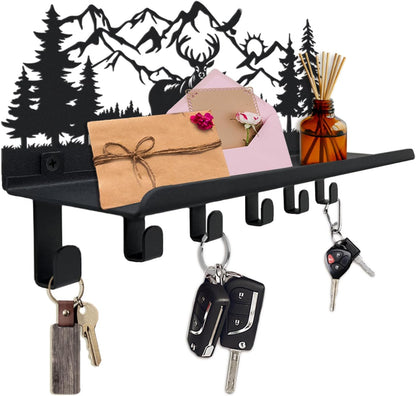 Deer Mountain Metal Key Holder Wall Mount Key Holder for Wall Rustic Cabin Decor Key Rack Hooks Hanger Woodland Wildlife Wall Art Entryway Organizer Housewarming Hunting Gifts