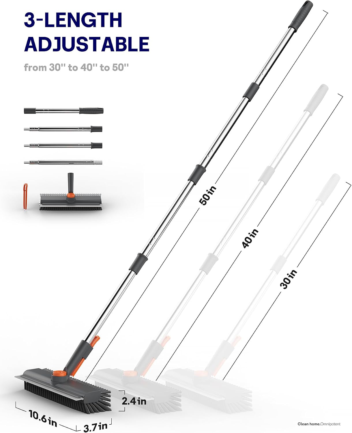 Floor Scrub Brush with Long Handle, 3 in 1 Scrape and Heavy-Duty Stiff Bristle Floor Scrubber Brush with Squeegee and Tweezer for Cleaning Tile Wall Deck Bathroom Patio Garage Kitchen (White)