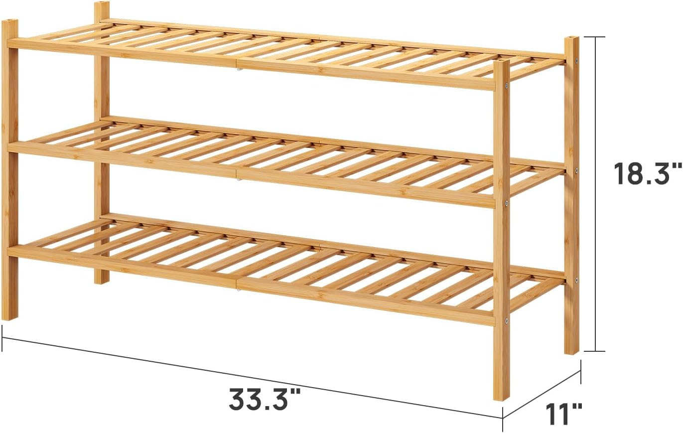 viewcare 3-Tier Black Bamboo Shoe Rack for Entryway, Stackable | Foldable | Natural, Shoe Shelf Storage Organizer for Hallway Closet, Free Standing Shoe Racks for Indoor Outdoor