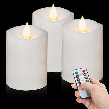 3x4 Flickering Flameless Candles Set of 3,Real Wax Pillar LED Candles,with Timer,4 inch Flameless Candles with Remote,for Party Wedding Holiday Home Decor,Ivory