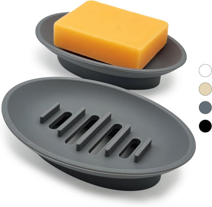 2 Pack Silicone Bar Soap Holder for Shower, Self-Draining Black Soap Dish Tray for Bathroom Sink, Kitchen Counter, Shower Niche/Shelf, Bathtub, Easy Cleaning Simple Oval Soap Saver Stand