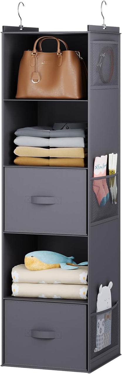 YOUDENOVA Hanging Closet Organizer, 5 Tier Hanging Closet Shelves with 6 Side Pockets and 2 Drawers, Black