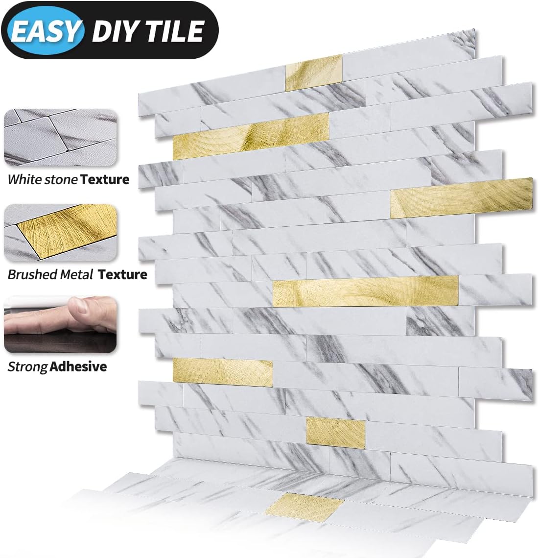 Art3d 10-Sheet Peel and Stick Backsplash Tile for Kitchen Bathroom Fireplace Laundry Room in White Slate with Gold Studded