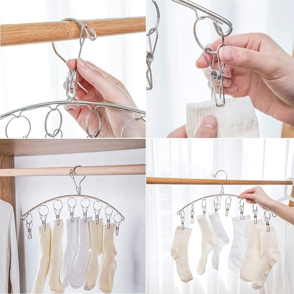 2Pcs Clothes Drying Hanger with 16 Clips, Stainless Steel Sock Air Drying Rack, Windproof Anti-Lost for All Small Laudry Item and Herbs