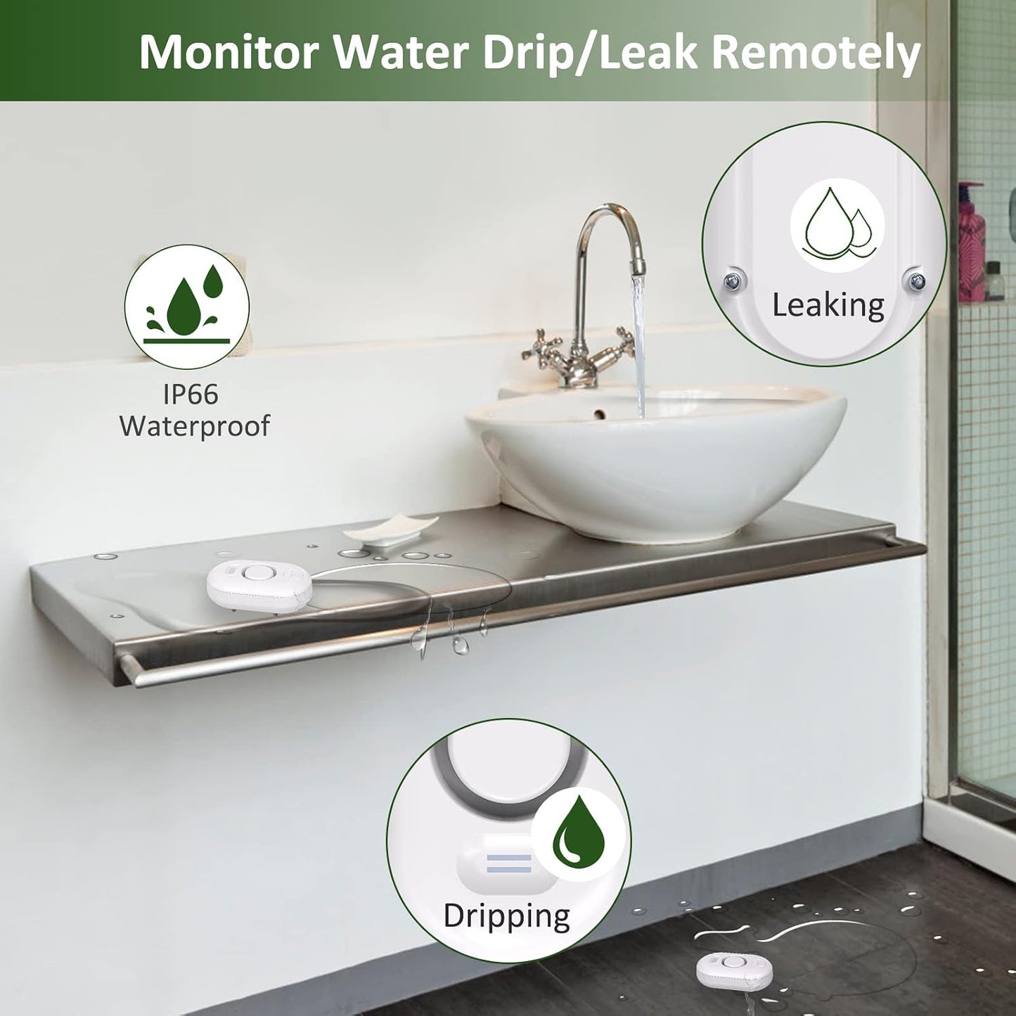 Water Leak Detector Sensor Alarm: Home Water Flooding Monitor Smart Sink Overflow Monitoring Adjustable Wet Moisture Alert Pipe Leakage Drip Detection Warning for Basement Floor