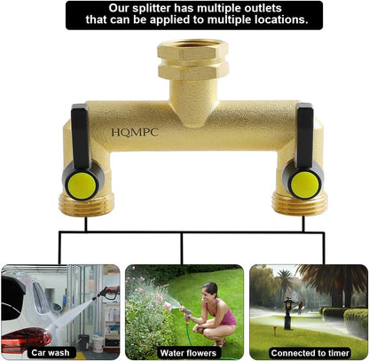 HQMPC Hose Splitter Garden Hose 3 Way Valve Brass Hose Splitter with Solid Long Handle Hose Spigot Splitter 3 Way Valve 3/4" GHT Thread
