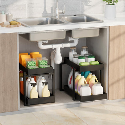 APRTAT 2 Pack Under Sink Organizer, Bamboo Wooden 2-Tier Pull-Out Storage with Sliding Drawers for Kitchen and Bathroom Cabinets, Easy Installation (Natural, 2 Packs)