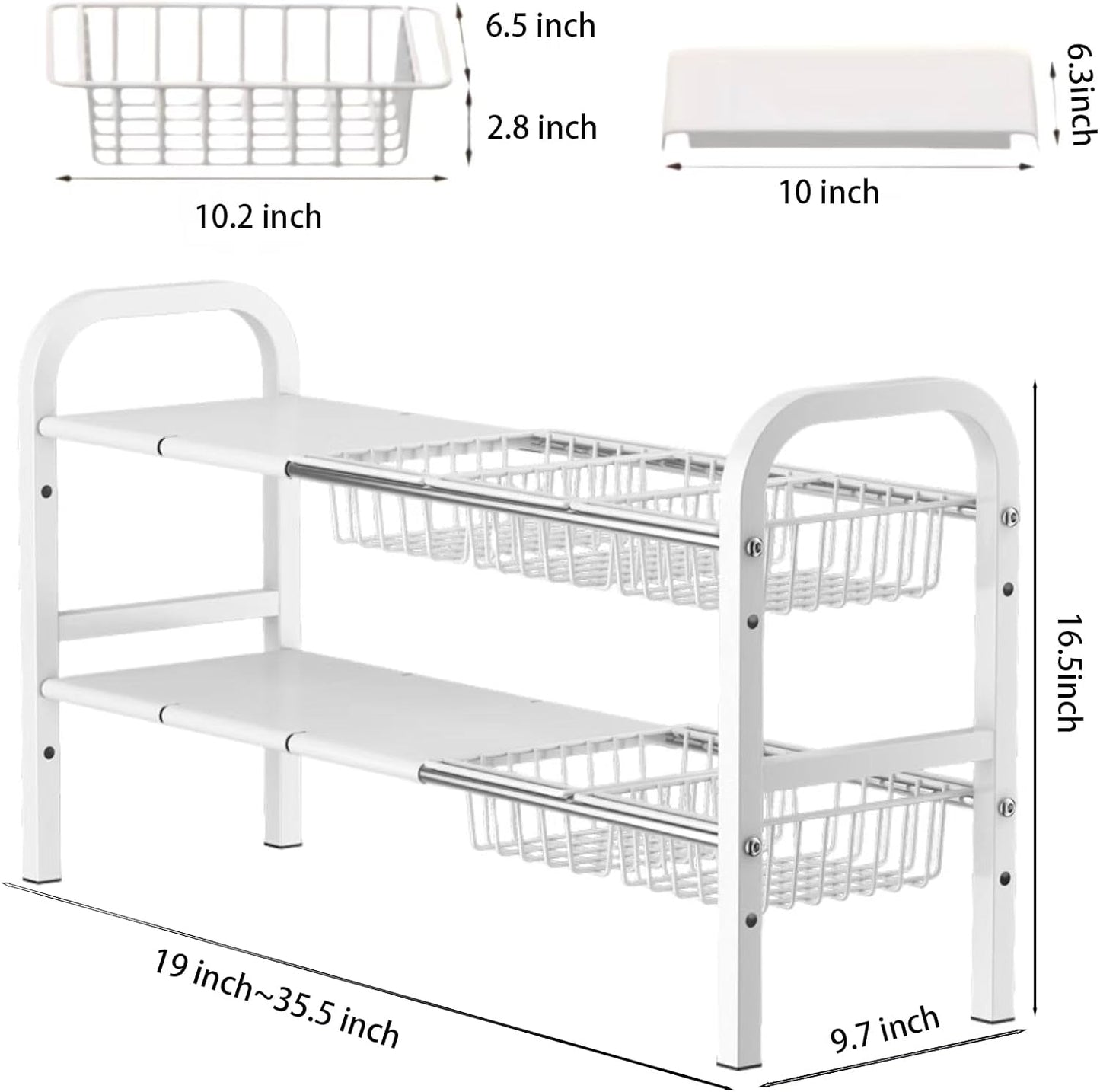Under Sink Organizer，2 Tier Expandable Heavy Duty Metal Shelf，with 5 Removable Panels and 5 Storage Basket for Under Kitchen Bathroom Sink Organizers and Storage(Black, Large)