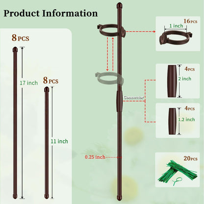 Plant Stakes 17inch &11inch SupKing Adjustable Length Plant Support Stake 16Pcs Orchid Stick with Clips for Indoor Outdoor,Garden Pole for Potted Tomato Amaryllis Vegetables Comes with 20 Ties (Green)