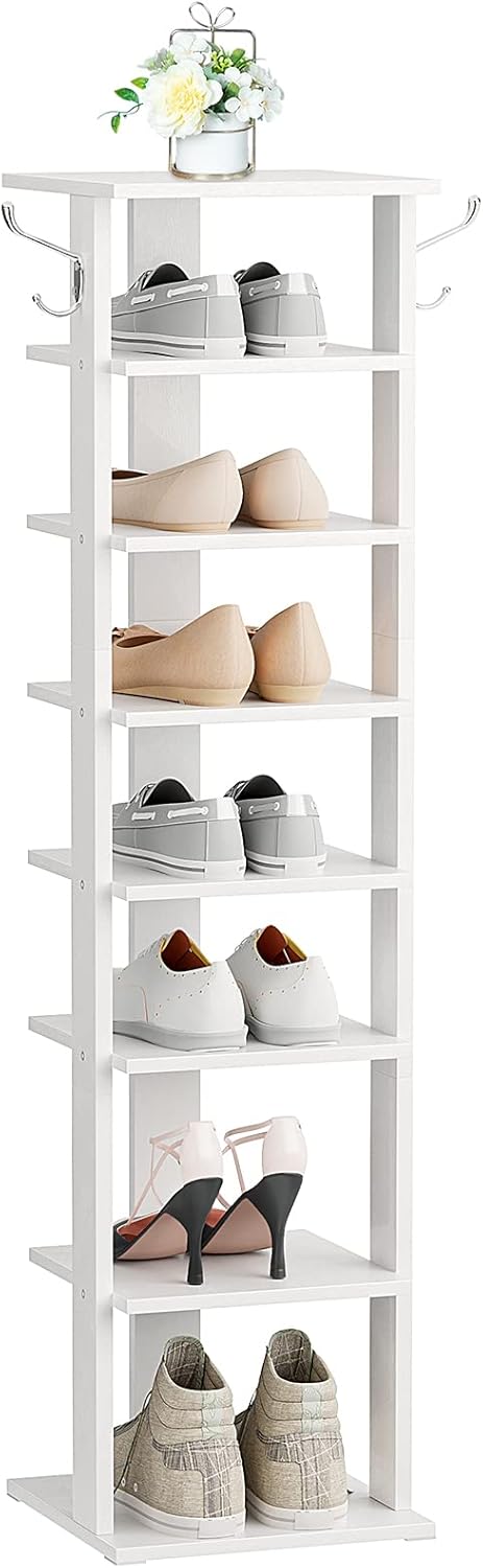 HOOBRO 8 Tiers Vertical Shoe Rack, Wooden Shoe Storage Organizer with Hooks, Narrow Shoe Tower for 8 Pairs, Space Saving, for Entryway, Living Room, Bedroom, Rustic Brown BF07XJ01G1