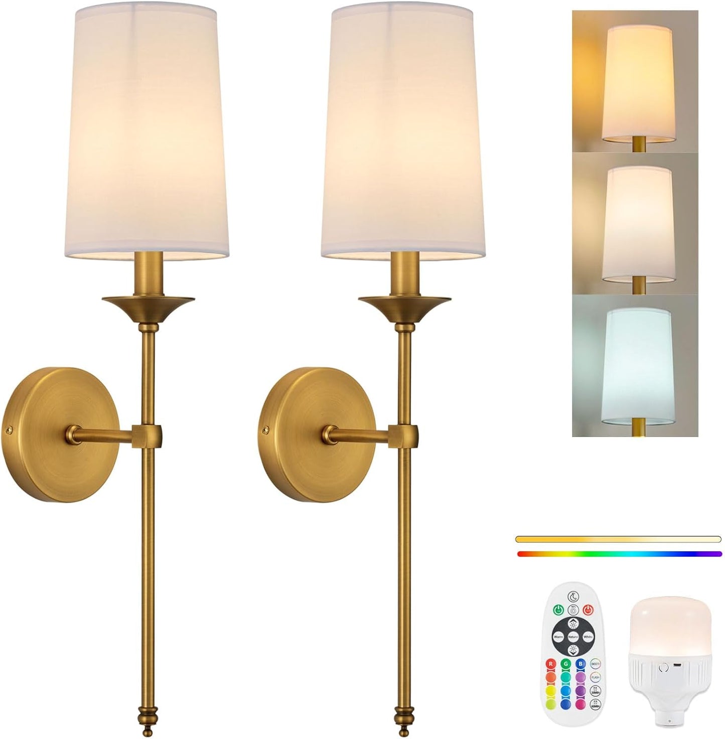 PASSICA DECOR Battery Operated Wall Sconce Set of 2 - Rechargeable Cordless Lights with Remote, Dimmable RGB Timer Wireless Sconces for Bedroom, Living Room, Hallway