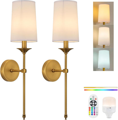 PASSICA DECOR Battery Operated Wall Sconce Set of 2 - Rechargeable Cordless Lights with Remote, Dimmable RGB Timer Wireless Sconces for Bedroom, Living Room, Hallway