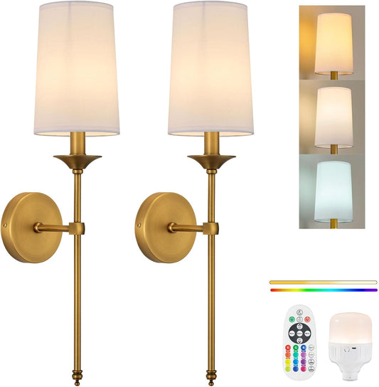 PASSICA DECOR Battery Operated Wall Sconce Set of 2 - Rechargeable Cordless Lights with Remote, Dimmable RGB Timer Wireless Sconces for Bedroom, Living Room, Hallway
